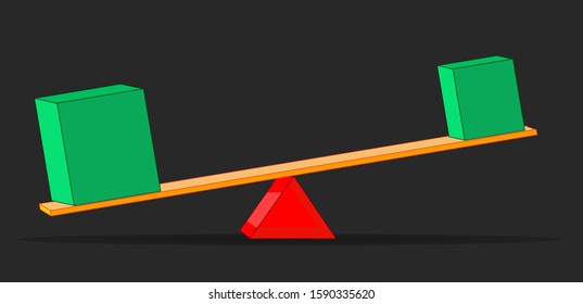 Leverage. Unbalance lever. Unbalance of two objects of different weight. Green big, heavy cube, green light box. Different distance to the fulcrum. Leverage ratio. Physics, economic. Vector