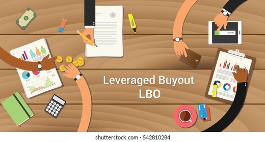 leveraged buyout illustration team work together with a hand working together on top of wooden table work on paperwork document graph chart