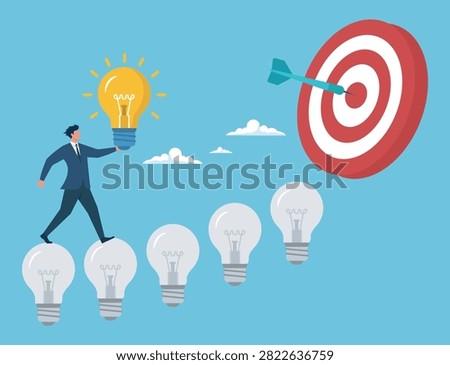 Leveraging bright ideas as stepping stones to achieve corporate targets, symbolizing strategic innovation and goal accomplishment