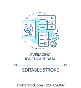 Leveraging healthcare data turquoise concept icon. Challenge facing healthcare worker abstract idea thin line illustration. Isolated outline drawing. Editable stroke. Arial, Myriad Pro-Bold fonts used