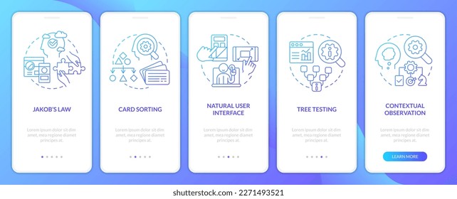 Leveraging mental models in design blue gradient onboarding mobile app screen. Walkthrough 5 steps graphic instructions with linear concepts. UI, UX, GUI template. Myriad Pro-Bold, Regular fonts used