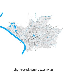 Leverkusen, North Rhine-Westphalia, Germany high resolution vector map with city boundaries and editable paths. White outlines for main roads. Many detailed paths. Blue shapes and lines for water.