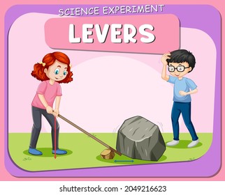Afiche del experimento científico de Levers con ilustración de caracteres para niños