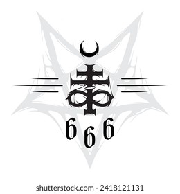 Leviathan cross with satanic symbols on the background of a pentagram, symbols of the occult, on a white background in black. Tattoo, t-shirt print, mysticism, Lucifer, vector doodle