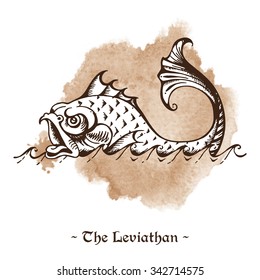 The Leviathan. Legendary Sea Monster Giant Whale Hand Drawn Vector Illustration