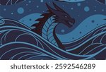 Leviathan Sea Monster Art, Mythical Ocean Illustration, detailed dragon design, biblical beast, simple sea serpent, creative vector graphic.