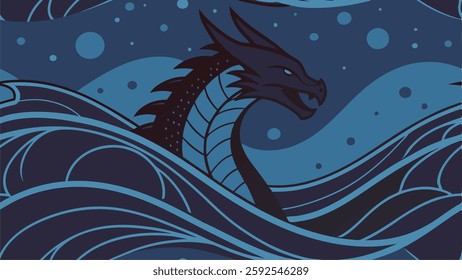 Leviathan Sea Monster Art, Mythical Ocean Illustration, detailed dragon design, biblical beast, simple sea serpent, creative vector graphic.