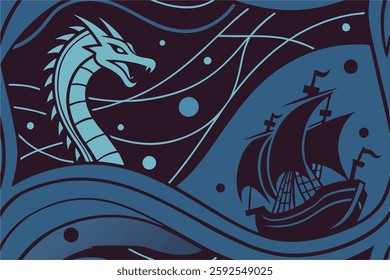 Leviathan Ship Sea Art, Mythical Ocean Illustration, detailed dragon design, biblical beast, simple sea serpent, creative vector graphic.