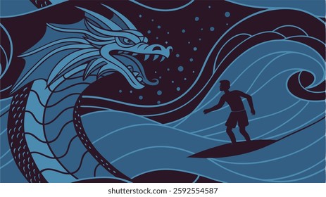 Leviathan Surf Battle Art, Epic Sea Fantasy, detailed dragon design, biblical beast, simple sea serpent, creative vector graphic.