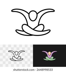 Levite em um logotipo de pose de ioga sentado. Figura humana com os braços estendidos para os lados voando ícone símbolo. Liberação mental e sinal de meditação. Traçado editável.