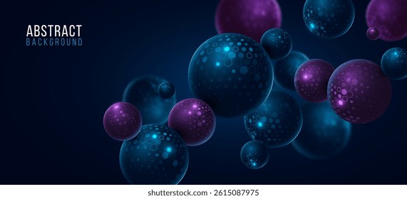 Levitating 3d balls textured with pattern of glowing cyber tech hexagons. Futuristic background for Business or Science online webinar. Abstract backdrop for web presentation. Vector illustration