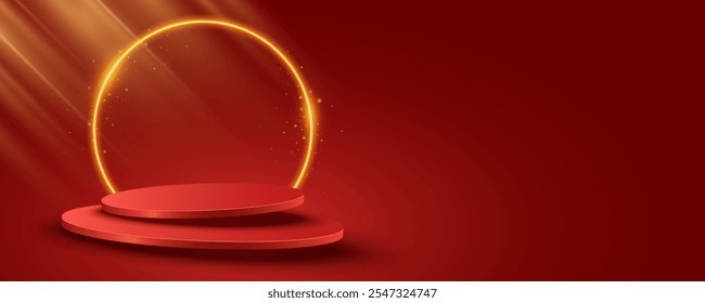 Levitating 3d podium with glowing neon arc and golden rays. Trendy red pedestal for display your product. Platform for fashion presentation or sale. Vector illustration. EPS 10