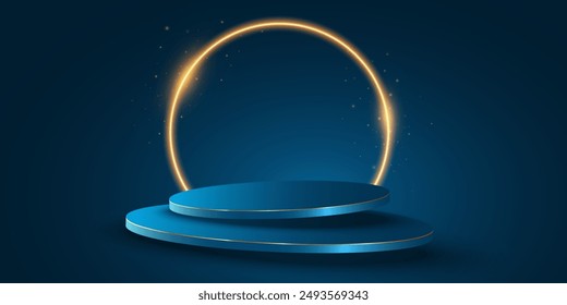 Levitating 3d podium with glowing ring arc. Trendy pedestal for show your product. Platform for fashion presentation. Vector illustration. EPS 10