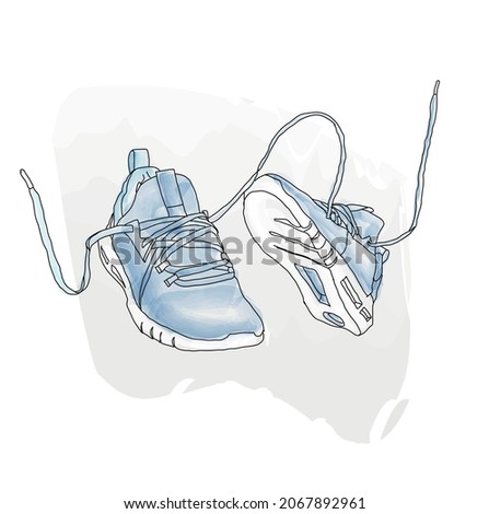 Levitating blue sneakers with flying laces. sketchy concept for posters, flyers, magazines, posters and social media posts. vector illustration, watercolor