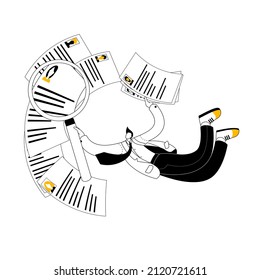 A levitating HR manager uses a magnifying glass to view various resumes. Vector illustration of outline style.