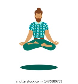 Levitating man with beard and moustache in lotus position. Hipster in a process of meditation flying above the ground. Flat vector illustration.