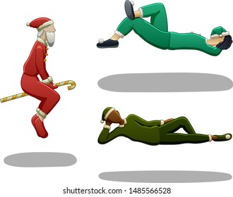 Levitating men in costumes of Santa Claus and elfs