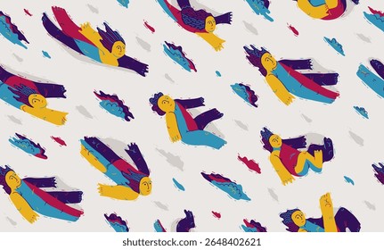 Levitando as pessoas fundo perfeito, conceito de liberdade e imaginação, tema tranquilo e pacífico papel de parede azulejo, sonhadores flutuando entre as nuvens.