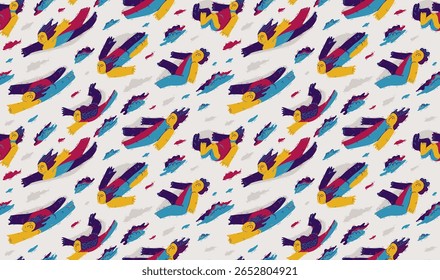 Levitating people seamless background, concept of freedom and imagination, peaceful and tranquil theme tiling wallpaper, dreamers floating among the clouds.