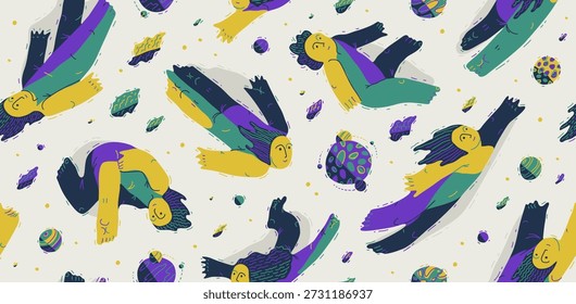 Levitando as pessoas fundo perfeito, conceito de liberdade e imaginação, papel de parede tema tranquilo e pacífico, sonhadores flutuando entre os planetas no espaço.
