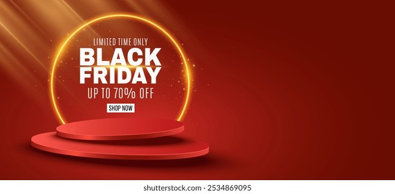 Levitando pódio com raios dourados e quadro de néon brilhante para a venda de Black Friday. Pedestal 3d para exibir seu produto. Ilustração vetorial. EPS 10.