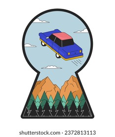 Levitating retro car in keyhole shape 2D linear illustration concept. Surreal adventure wanderlust cartoon scene isolated on white. Psychedelic ride sky metaphor abstract flat vector outline graphic
