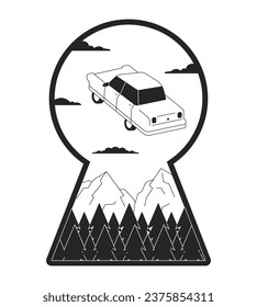 Levitating retro car in keyhole shape black and white 2D illustration concept. Surreal adventure wanderlust cartoon outline scene isolated on white. Psychedelic ride sky metaphor monochrome vector art