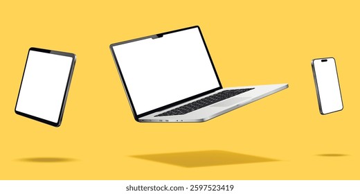 Levitation laptop computer, tablet and cellphone mockup