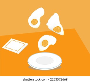 levitación huevos revueltos sobre fondo naranja amarillo