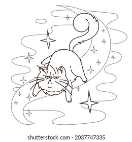 A levitation spell made a fat displeased cat fly. Coloring picture
