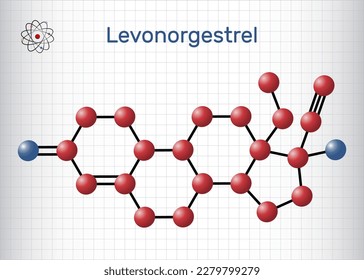 Levonorgestrel-Progestin-Molekül. Es ist synthetisches Gestagen, empfängnisverhütend. Strukturchemische Formel und Molekül-Modell. Blatt Papier in einem Käfig. Vektorgrafik