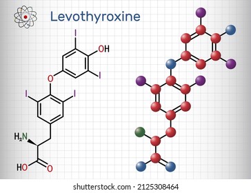 Levotiroxina, molécula de L-tiroxina. Es una forma sintética de la hormona tiroidea tiroxina, hormona T4, utilizada para tratar el hipotiroidismo. Fórmula estructural, modelo molécula. Hoja de papel en jaula. Vector