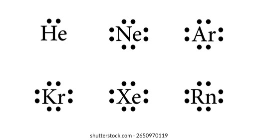 Lewis Dot Structure of the Atoms of Noble Gases (em inglês). Hélio, Néon, Krypton, Xenon e Radon.