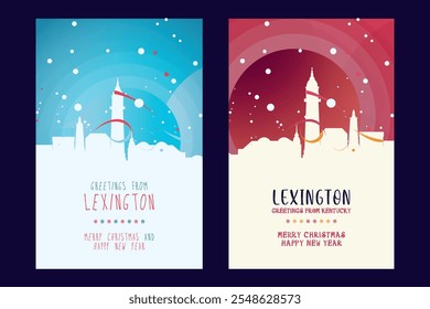 Lexington Christmas poster with skyline, cityscape. Winter USA Kentucky state holiday, New Year vector brochure, website, flyer, leaflet, card layout