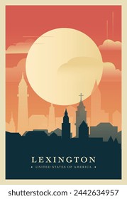 Lexington city brutalism poster with abstract skyline, cityscape. USA Kentucky state retro vector illustration. US travel front cover, brochure, flyer, leaflet, presentation template, layout image
