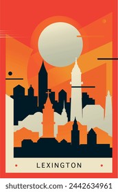 Lexington city brutalism poster with abstract skyline, cityscape. USA Kentucky state retro vector illustration. US travel front cover, brochure, flyer, leaflet, presentation template, layout image