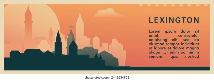 Lexington city brutalism vector banner with skyline, cityscape. USA Kentucky state retro horizontal illustration. United States of America travel layout for web presentation, header, footer