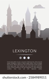 Lexington city template for website, presentation, front page, invitation, publication sheet with skyline, landmarks. Vector Kentucky, USA image layout, simple and grayscale