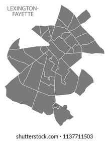 Lexington-Fayette Kentucky city map with neighborhoods grey illustration silhouette shape