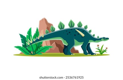 Lexovisaurus prehistoric dinosaur character. Cartoon vector herbivore dino reptile with spinal plates and tail spikes wandering in natural landscape with ferns and rocks at Middle Jurassic period