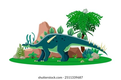 Lexovisaurus prehistoric dinosaur character. Isolated cartoon vector dino with row of plates along its back and spiked tail, stands near lush tropical vegetation. Herbivore of Middle Jurassic period