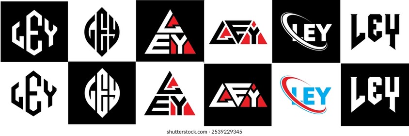 LEY letter logo design in six style. LEY polygon, circle, triangle, hexagon, flat and simple style with black and white color variation letter logo set in one artboard. LEY minimalist and classic logo