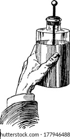 A Leyden jar is an antique electrical component which stores a high-voltage electric charge between electrical conductors on the inside and outside of a glass jar, vintage line drawing or engraving.