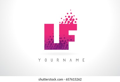 LF L F Letter Logo with Pink Letters and Purple Color Particles Dots Design.