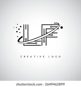 Logotipo de Monograma de Órbita LF - Marca de Letra Mínima Futurista com Linha de Arte Circular, Pontos Inspirados na Tecnologia e Conceito de Movimento Espacial para Identidade de Marca Moderna