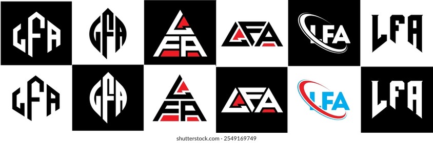 LFA Buchstaben Logo Design in sechs Stil. LFA Polygon, Kreis, Dreieck, Sechseck, flach und einfach Stil mit schwarz-weißem Farbvariationsbuchstaben Logo in einem Zeichenbrett gesetzt. LFA minimalistisch und klassisch Logo