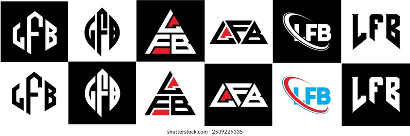 LFB letter logo design in six style. LFB polygon, circle, triangle, hexagon, flat and simple style with black and white color variation letter logo set in one artboard. LFB minimalist and classic logo