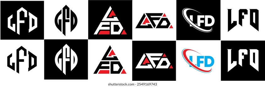 LFD Buchstaben Logo Design in sechs Stil. LFD Polygon, Kreis, Dreieck, Sechseck, flach und schlicht mit schwarz-weißem Farbvariationsbuchstaben Logo in einem Zeichenbrett gesetzt. LFD minimalistisches und klassisches Logo