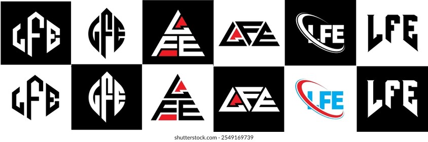 LFE Buchstaben Logo Design in sechs Stil. LFE Polygon, Kreis, Dreieck, Sechseck, flach und schlicht mit schwarz-weißem Farbvariationsbuchstaben Logo in einer Zeichenfläche. LFE minimalistisches und klassisches Logo