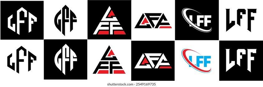 LFF Buchstaben Logo Design in sechs Stil. LFF Polygon, Kreis, Dreieck, Sechseck, flach und schlicht mit schwarz-weißem Farbvariationsbuchstaben Logo in einem Zeichenbrett gesetzt. LFF minimalistisches und klassisches Logo
